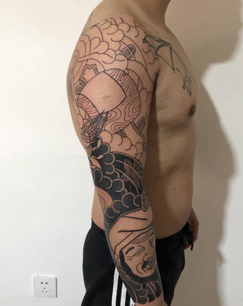 日式花臂纹身图片_手臂手部老传统纹身图案