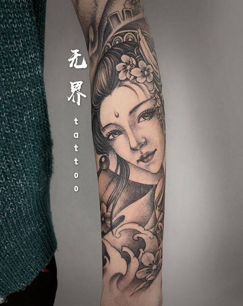 艺伎纹身图片_手臂新传统艺伎美女侍女纹身图案