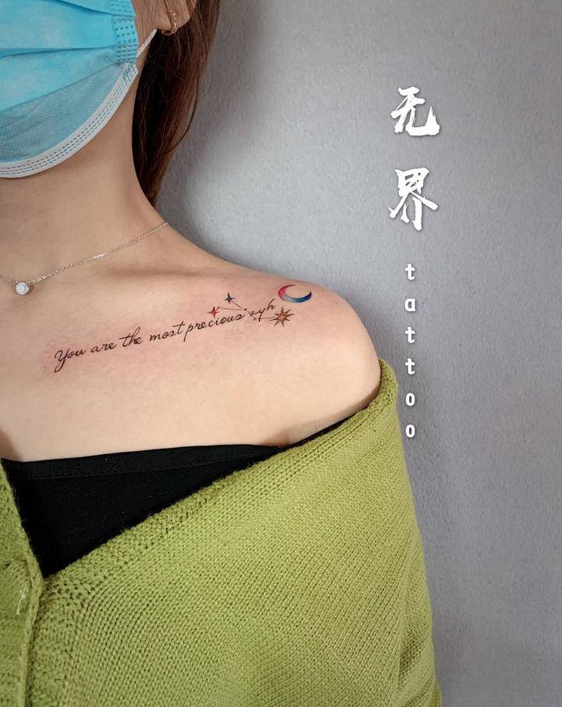 小清新英文纹身图片_肩部水彩锁骨月亮星座纹身图案