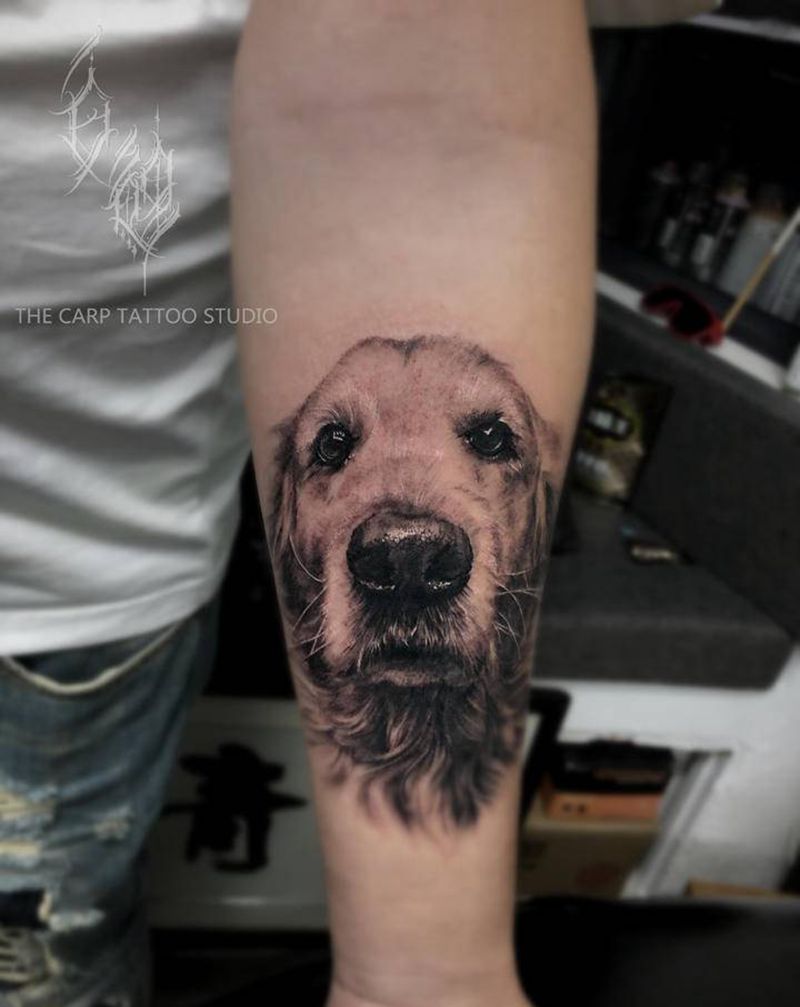 金毛犬纹身图片_手臂欧美写实纹身图案