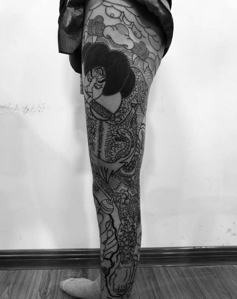 张顺破水门纹身图片_腿部脚部老传统纹身图案