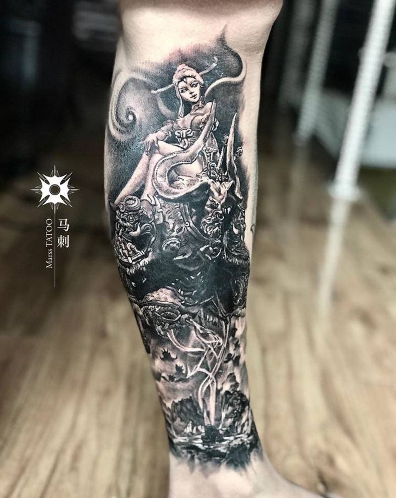 牛魔王于铁扇公主纹身图片_腿部纹身图案