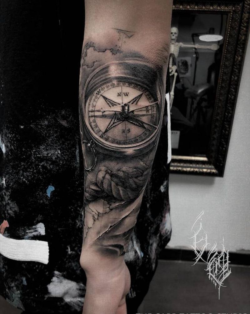 海神 指南针纹身图片_手臂欧美写实纹身图案