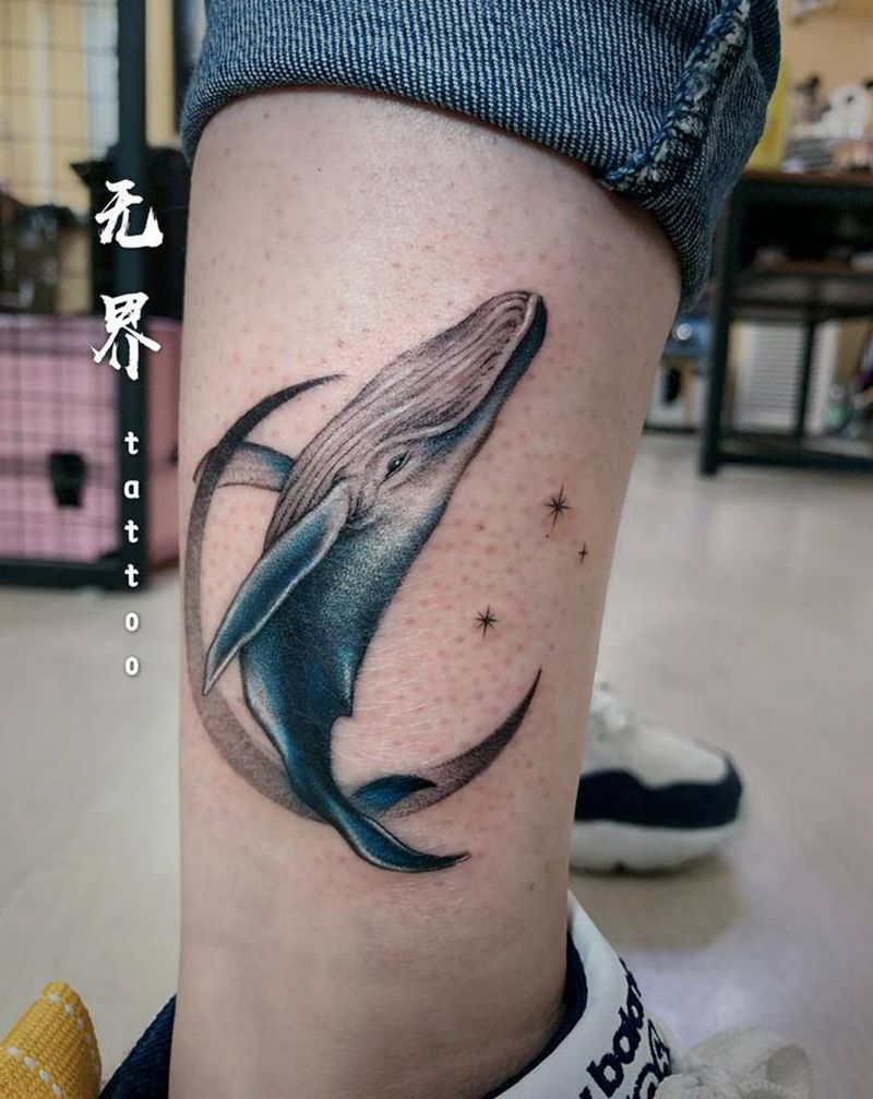 遮盖纹身图片_脚部点刺脚踝鲸鱼遮盖纹身图案