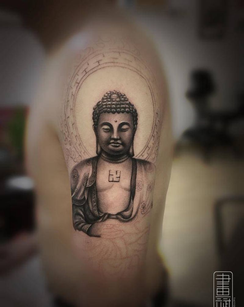 大日如来纹身图片_手臂欧美写实大日如来如来佛祖包大臂纹身图案