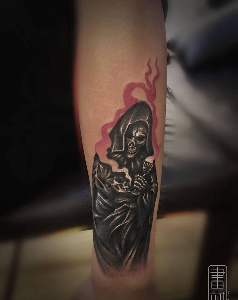 遮盖纹身图片_手臂欧美写实遮盖暴力遮盖死神纹身图案