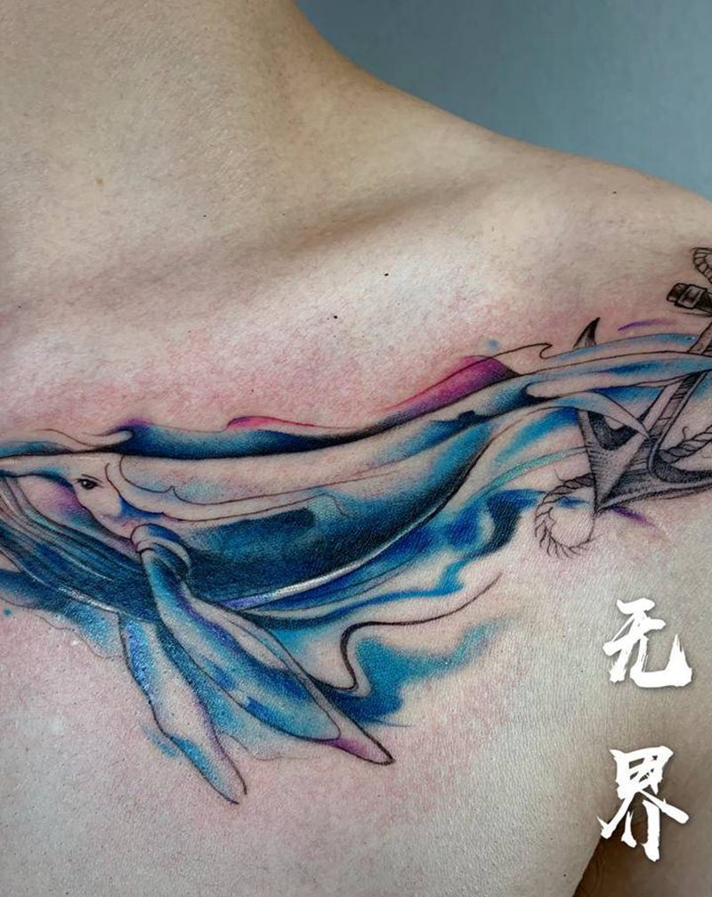 遮盖纹身图片_肩部水彩锁骨鲸鱼遮盖纹身图案