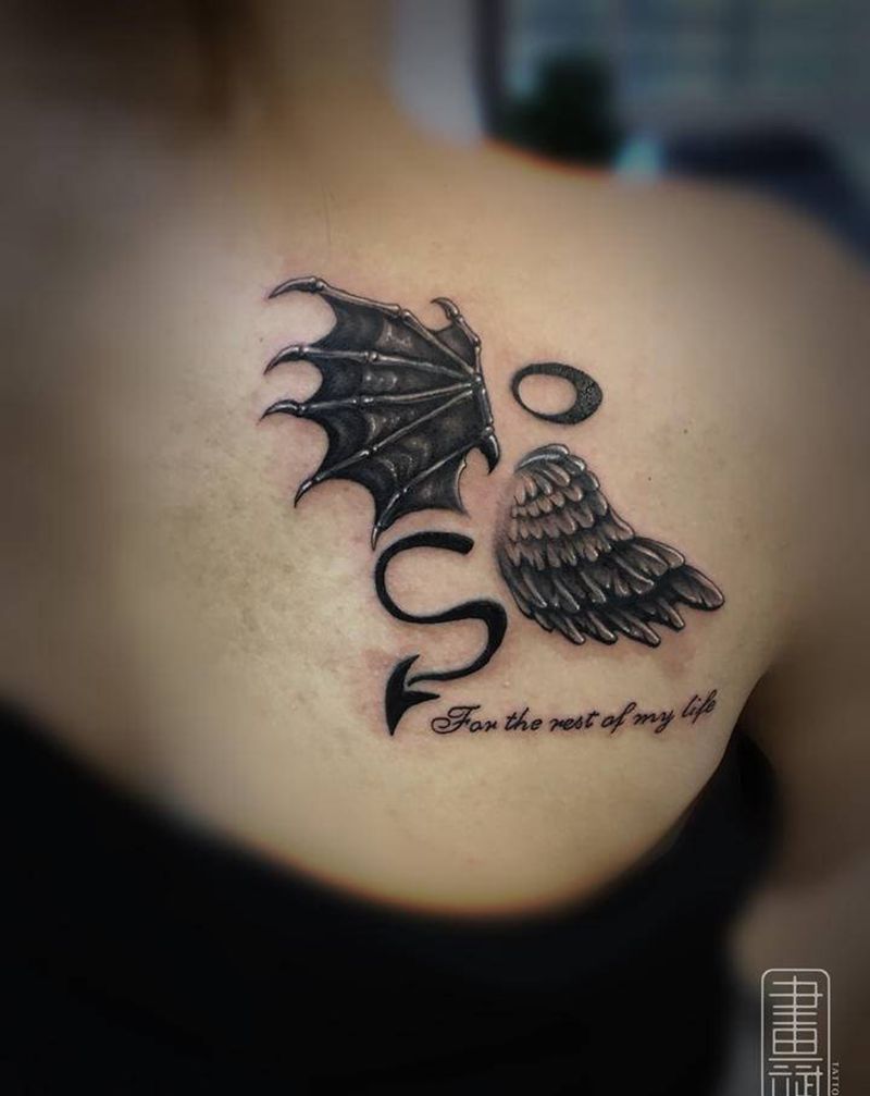 恶魔天使纹身图片_肩部欧美写实恶魔天使翅膀修改遮盖纹身图案