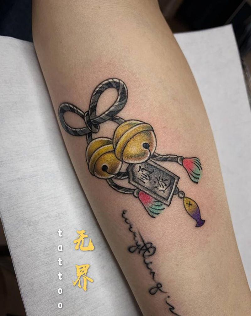 铃铛纹身图片_手臂水彩New School和风日系铃铛纹身图案