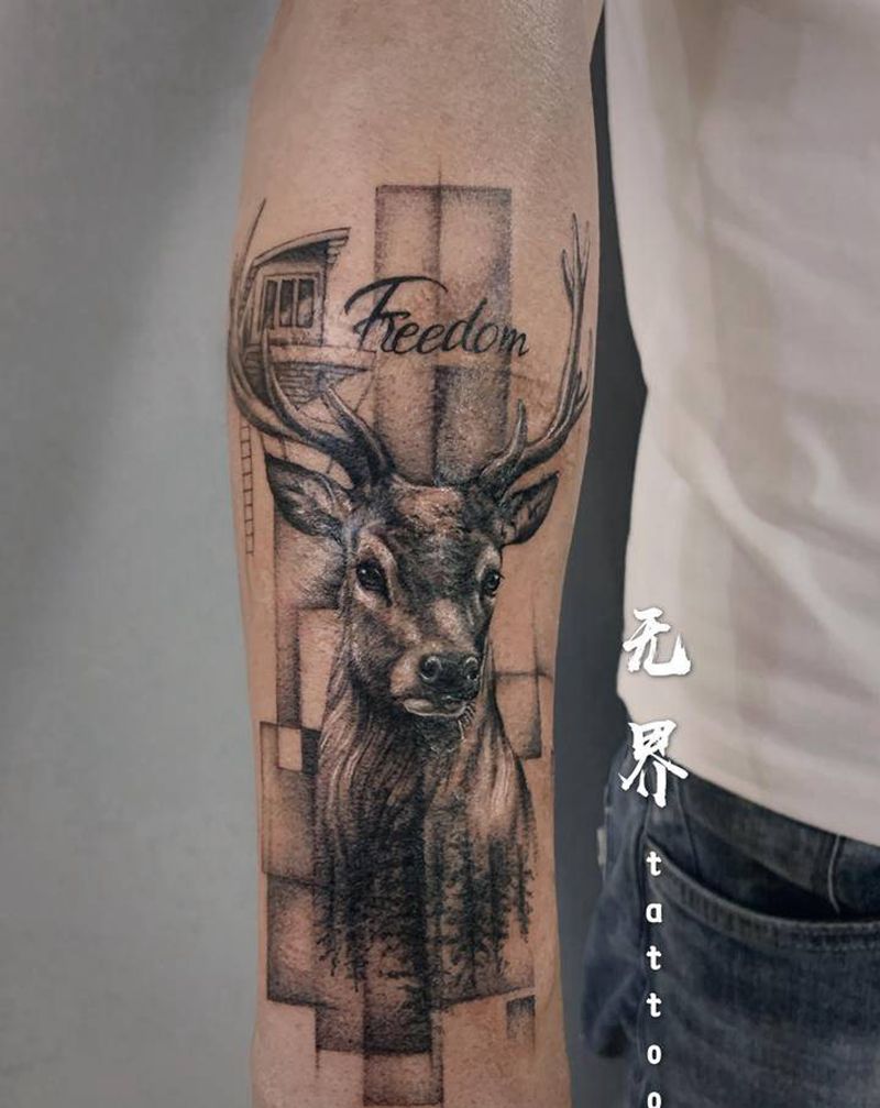 鹿纹身图片_手臂点刺几何鹿遮疤遮盖纹身图案