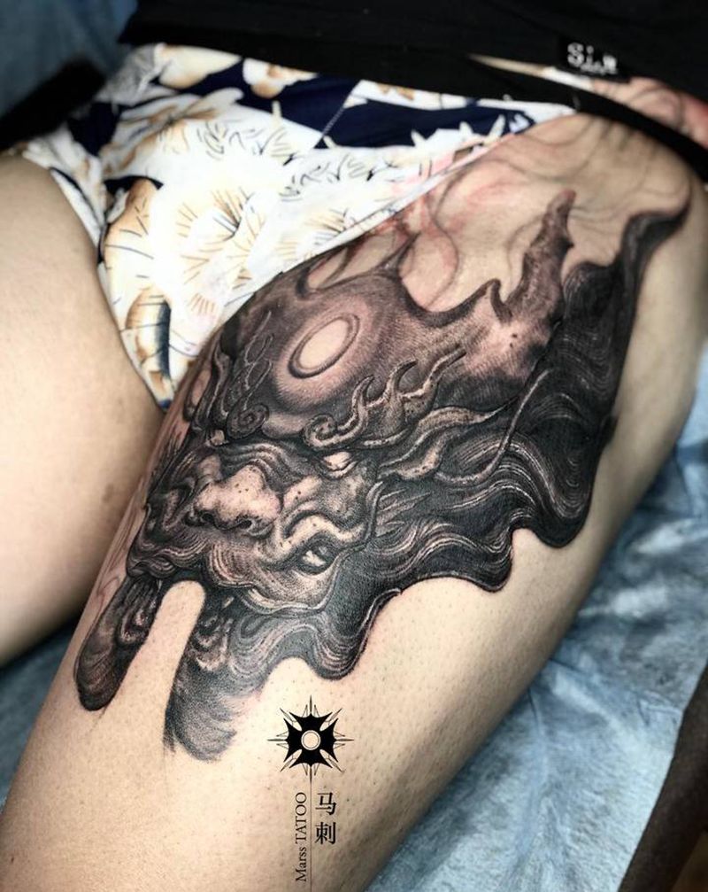 石雕纹身图片_腿部纹身图案