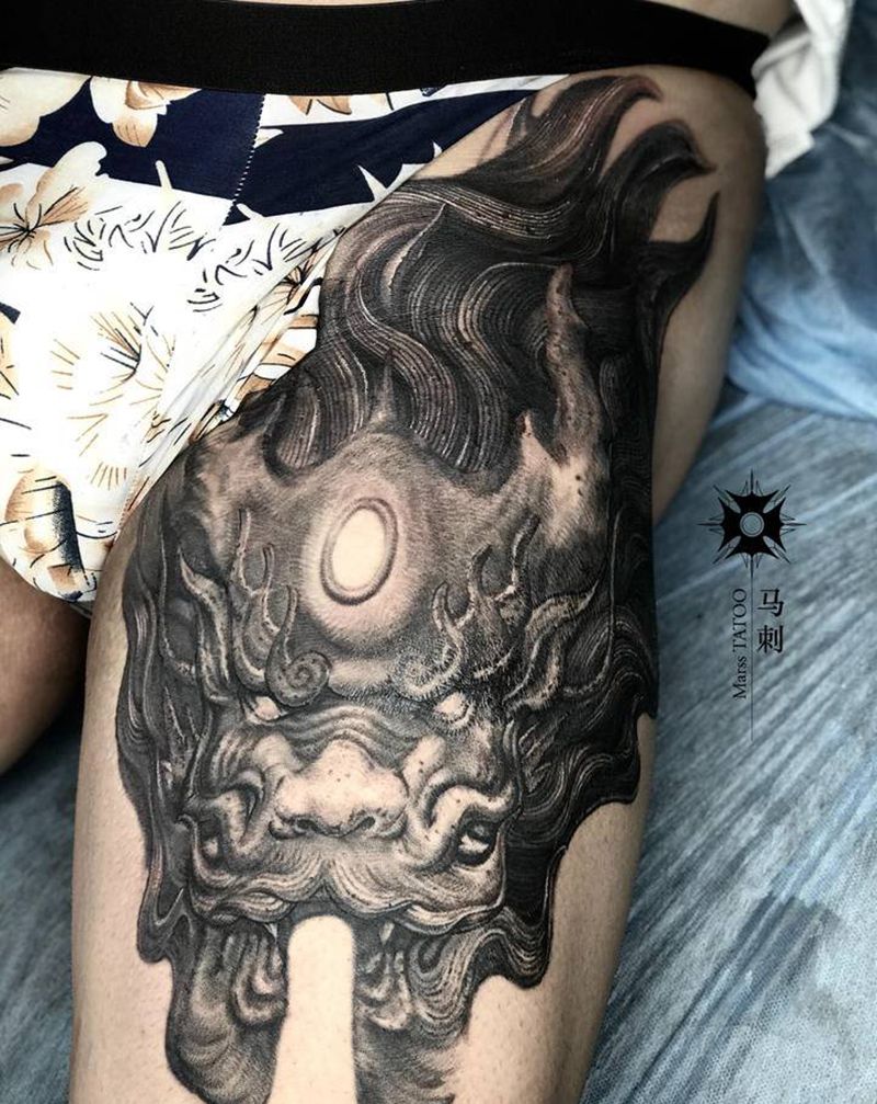 石雕纹身图片_腿部纹身图案