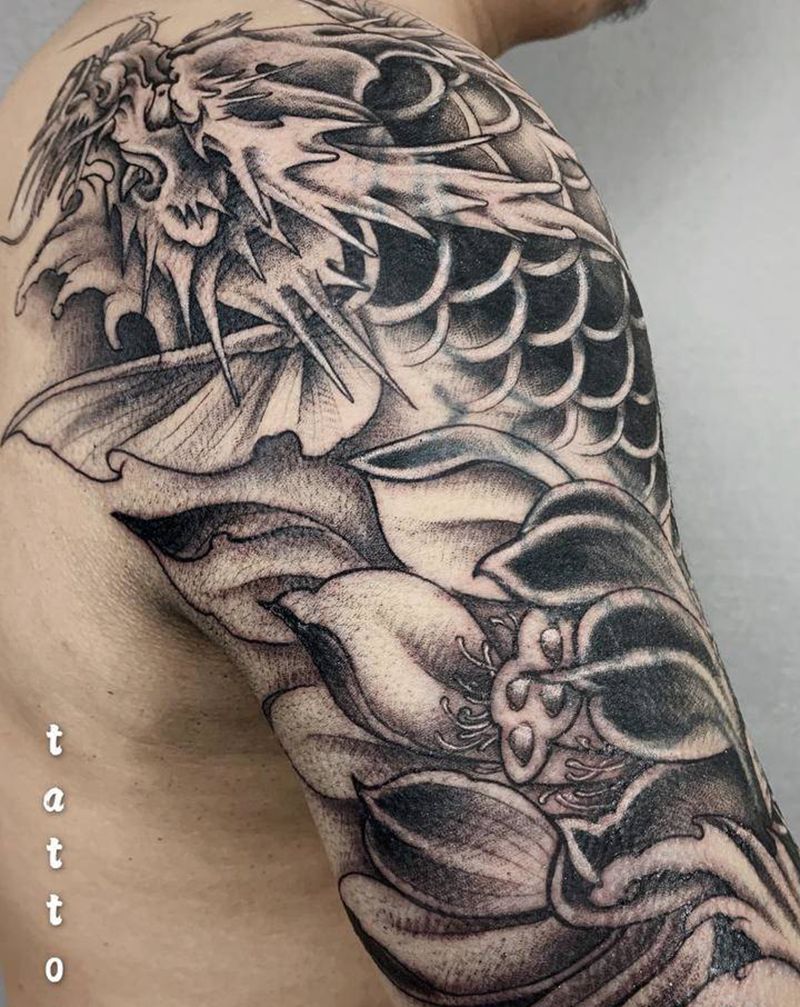 遮盖纹身图片_肩部手臂新传统龙鱼鳌鱼大臂纹身图案