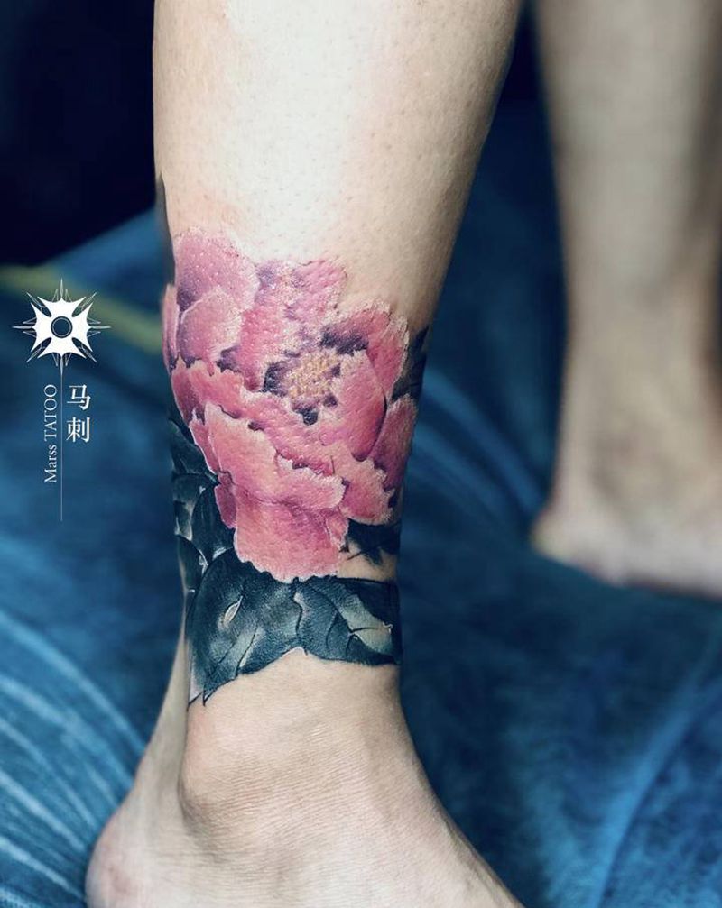 （遮盖作品）国粹牡丹纹身图片_腿部纹身图案