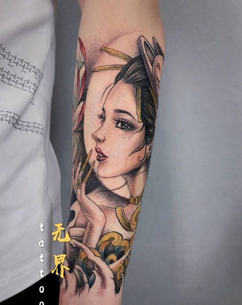 艺妓纹身图片_手臂新传统水彩美女小臂花臂纹身图案
