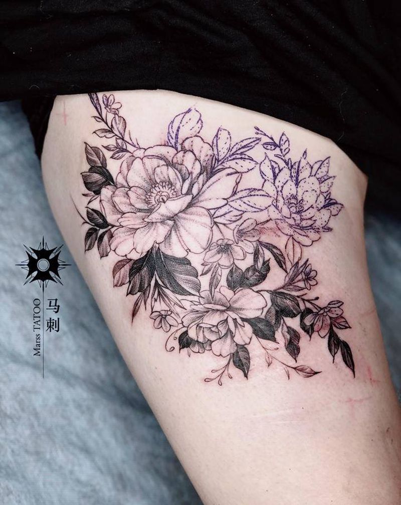 素花纹身图片_腿部纹身图案