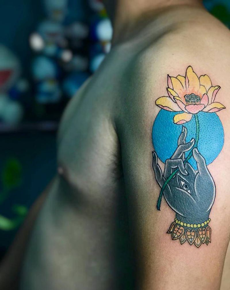 佛手莲纹身图片_手臂新传统佛手莲花纹身图案