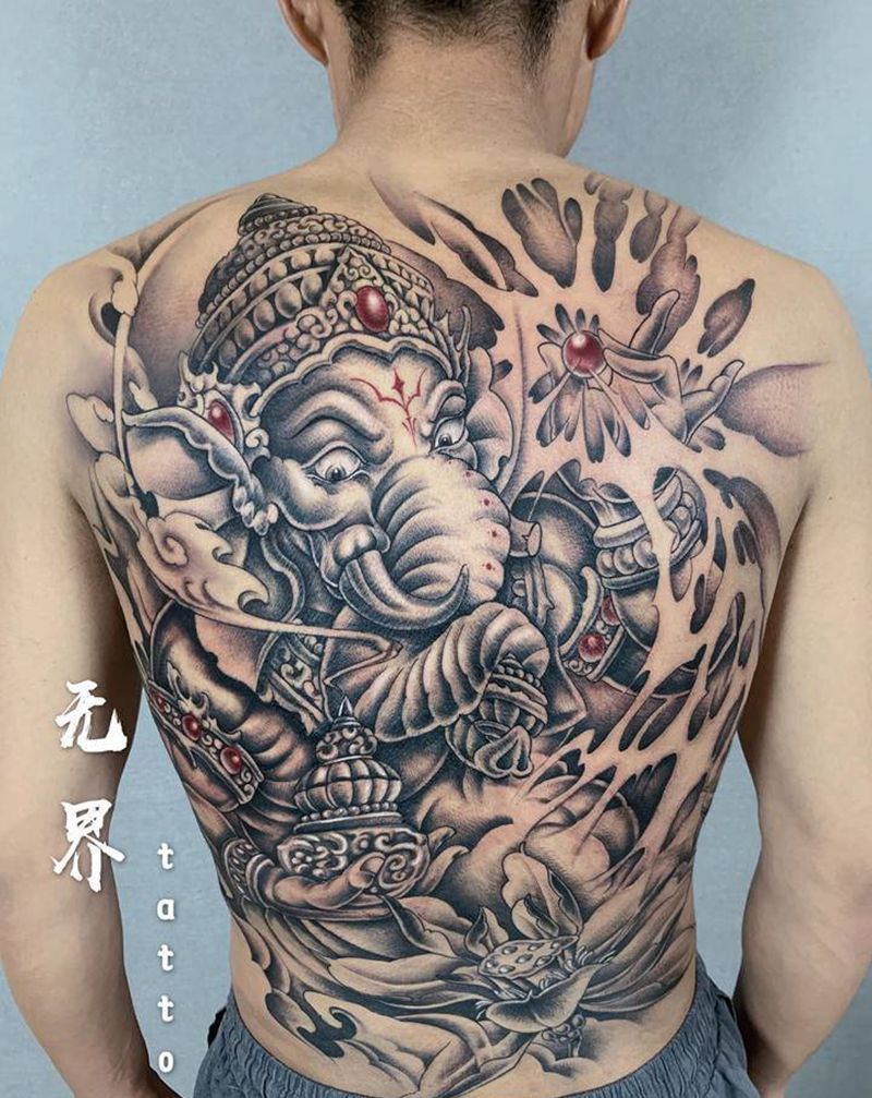 象神纹身图片_背部新传统满背象神佛像纹身图案