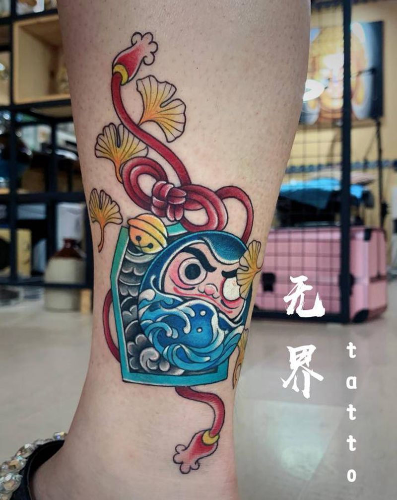 遮盖纹身图片_腿部脚部老传统New School达摩蛋御守脚踝纹身图案