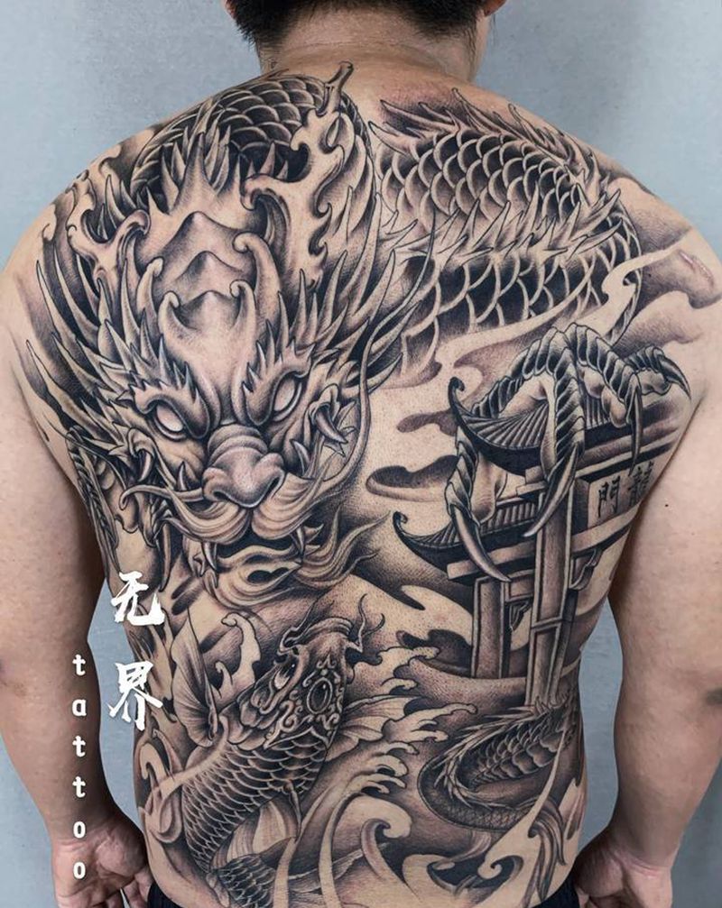 满背纹身图片_背部新传统龙门鲤鱼龙纹身图案