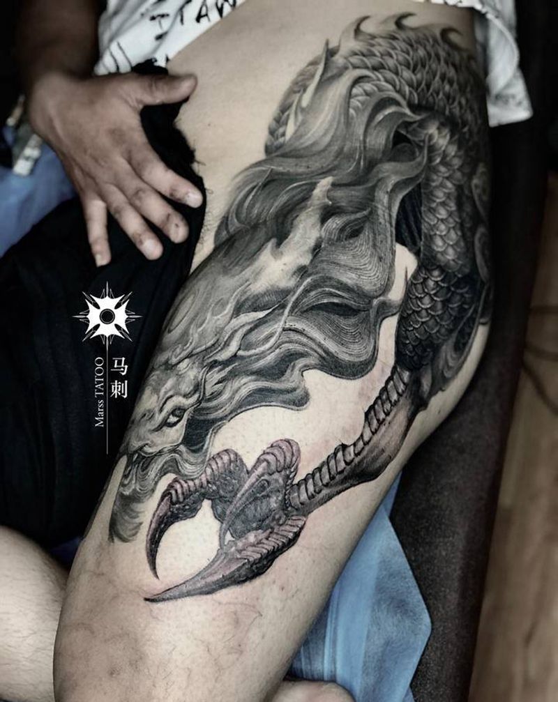 石雕龙纹身图片_腿部纹身图案