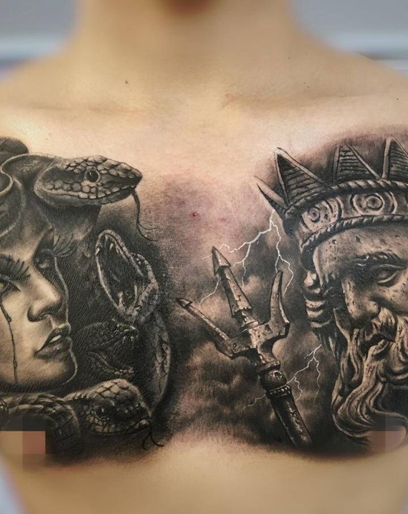 波塞冬纹身图片_胸部欧美写实波塞冬海王美杜莎纹身图案