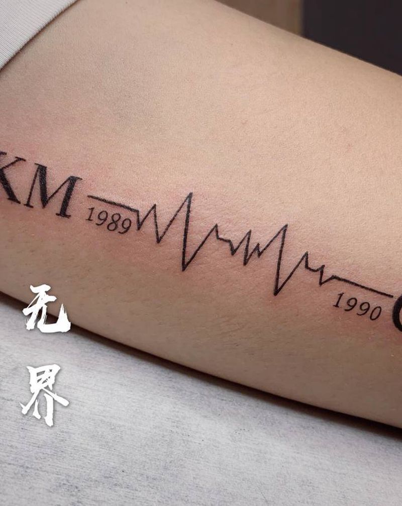 心电图纹身图片_手臂几何英文生日心电图纹身图案
