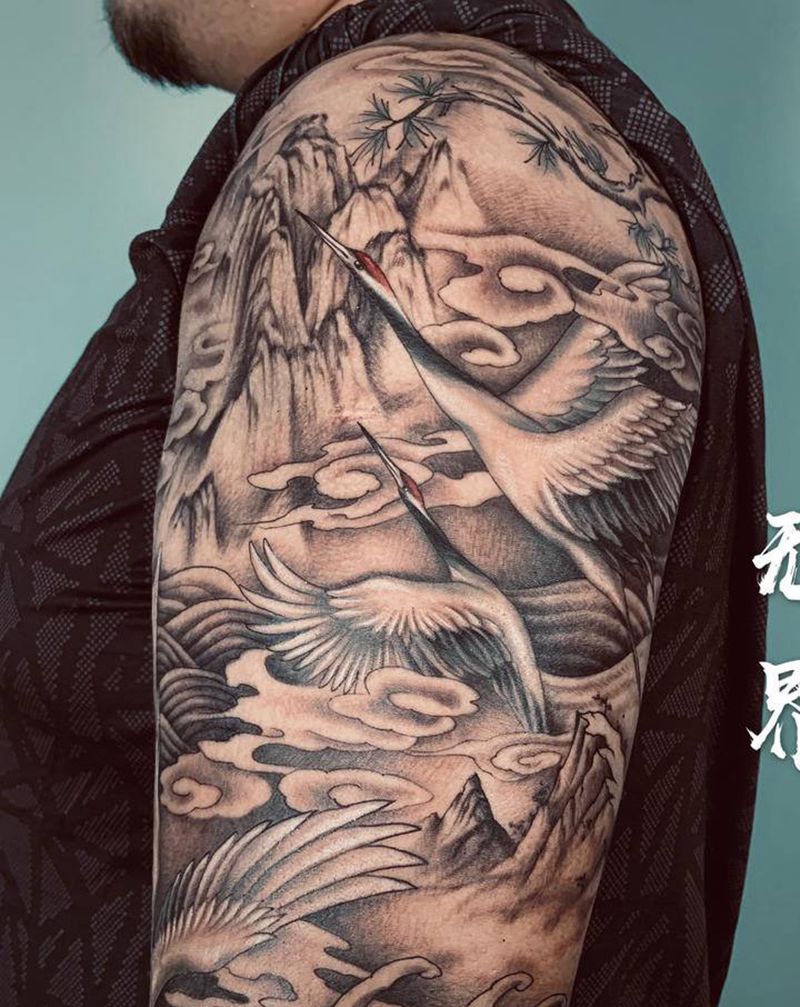 奉天承运纹身图片_手臂水墨新传统花臂仙鹤工笔画纹身图案