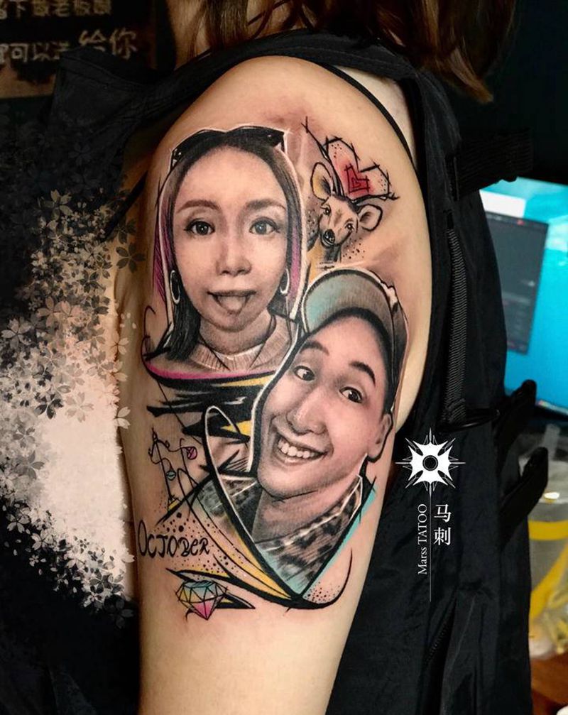 原创情侣肖像纹身图片_手臂纹身图案
