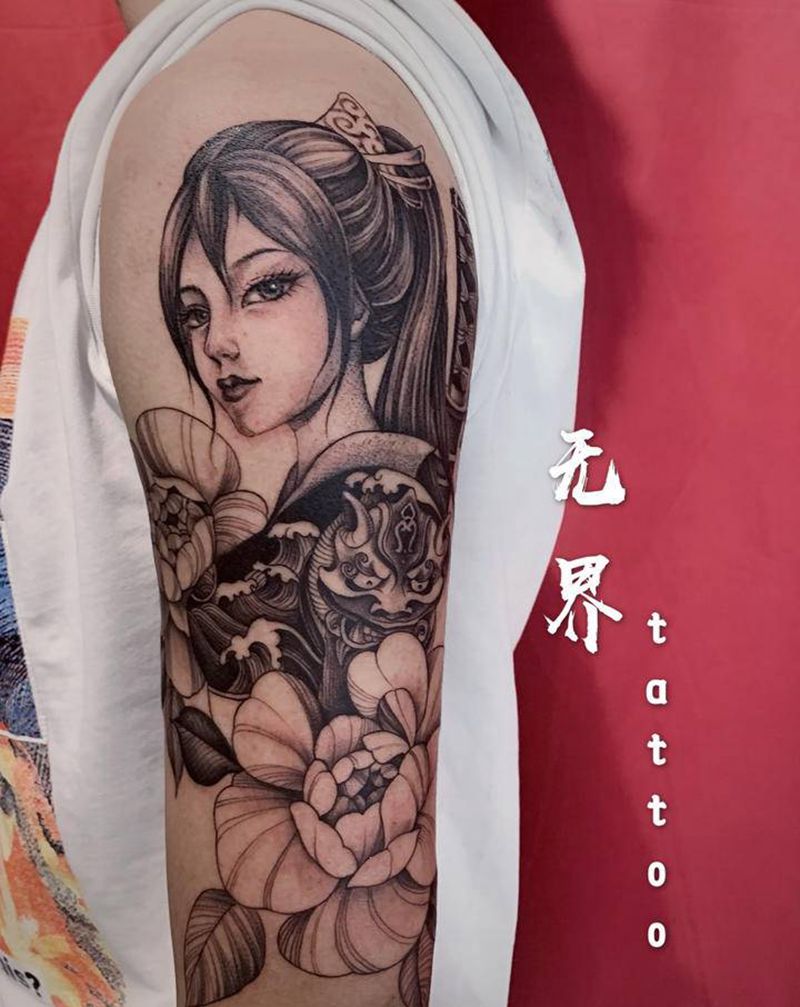美人纹身图片_手臂点刺艺妓素花美女纹身图案