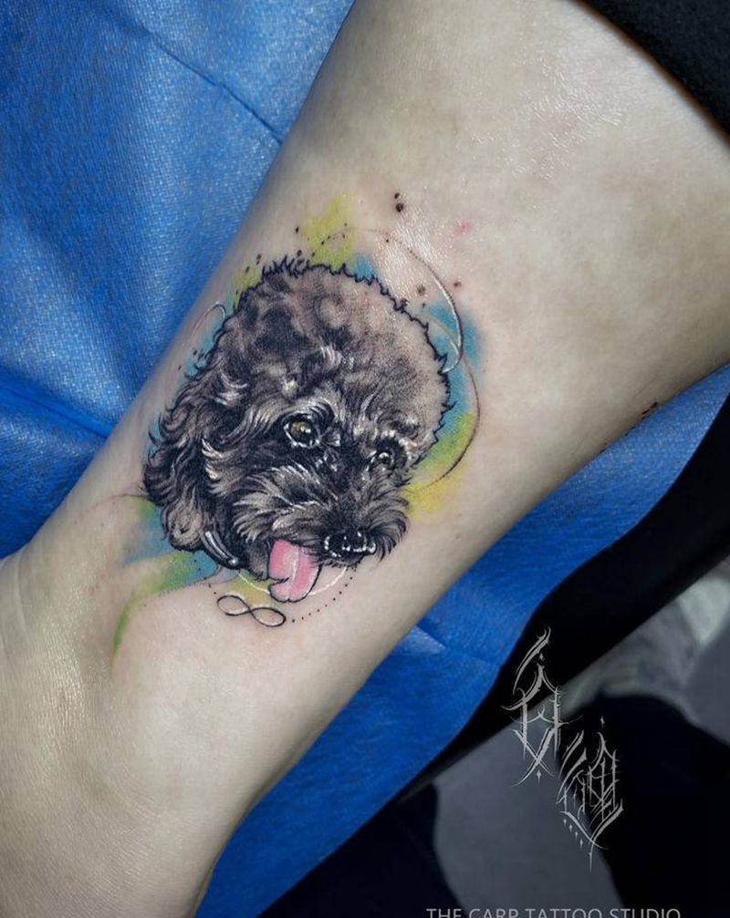 泰迪纹身图片_腿部欧美写实水彩纹身图案