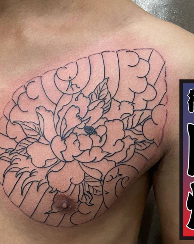 胸口牡丹花纹身图片_老传统新传统纹身图案