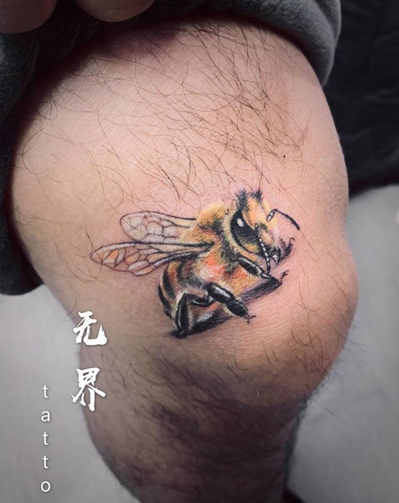 遮疤纹身图片_腿部欧美写实水彩蜜蜂遮疤膝盖纹身图案