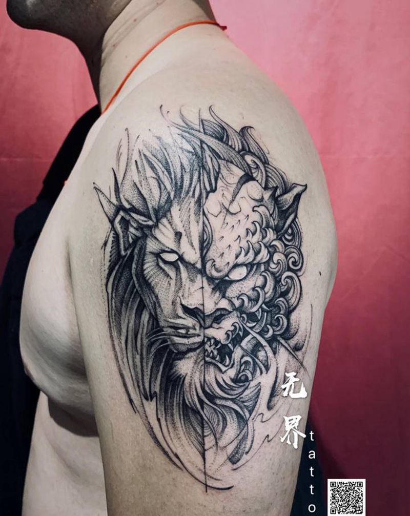 狮子纹身图片_手臂肩部几何点刺速写唐狮大臂纹身图案