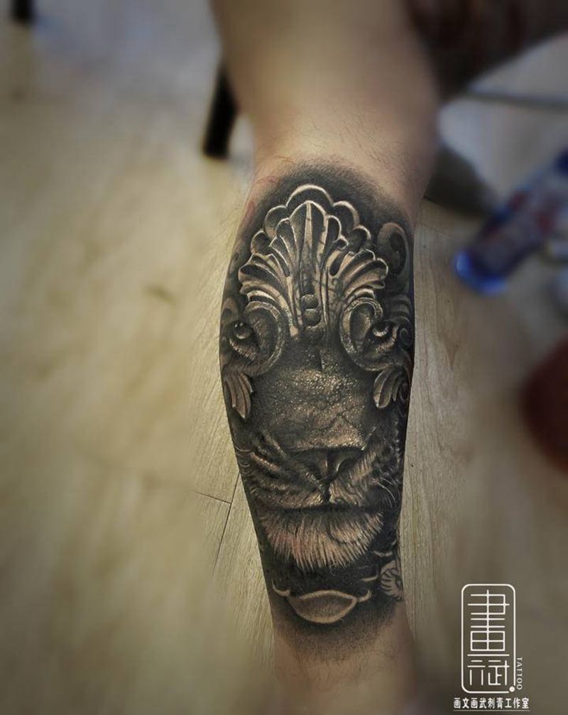 遮盖纹身图片_腿部欧美写实狮子遮盖暴力遮盖纹身图案
