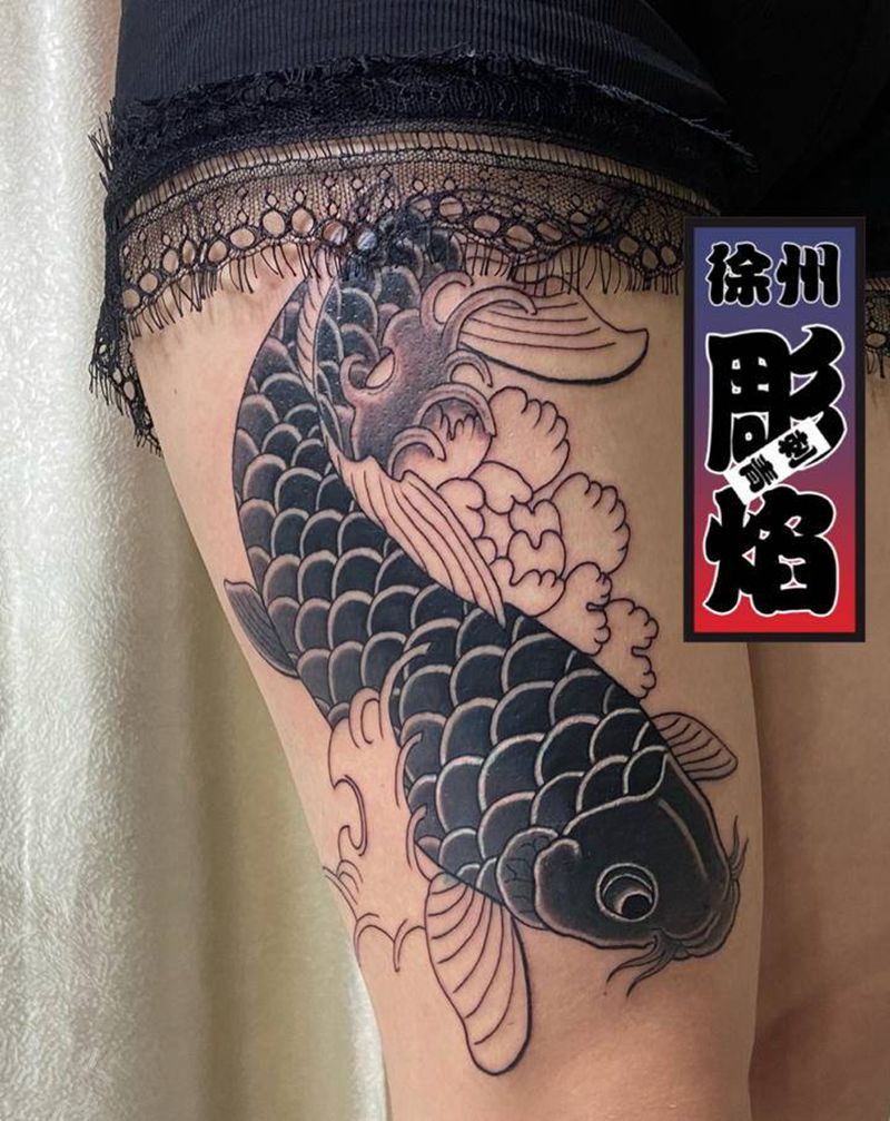鲤鱼牡丹浪花纹身图片_老传统纹身图案
