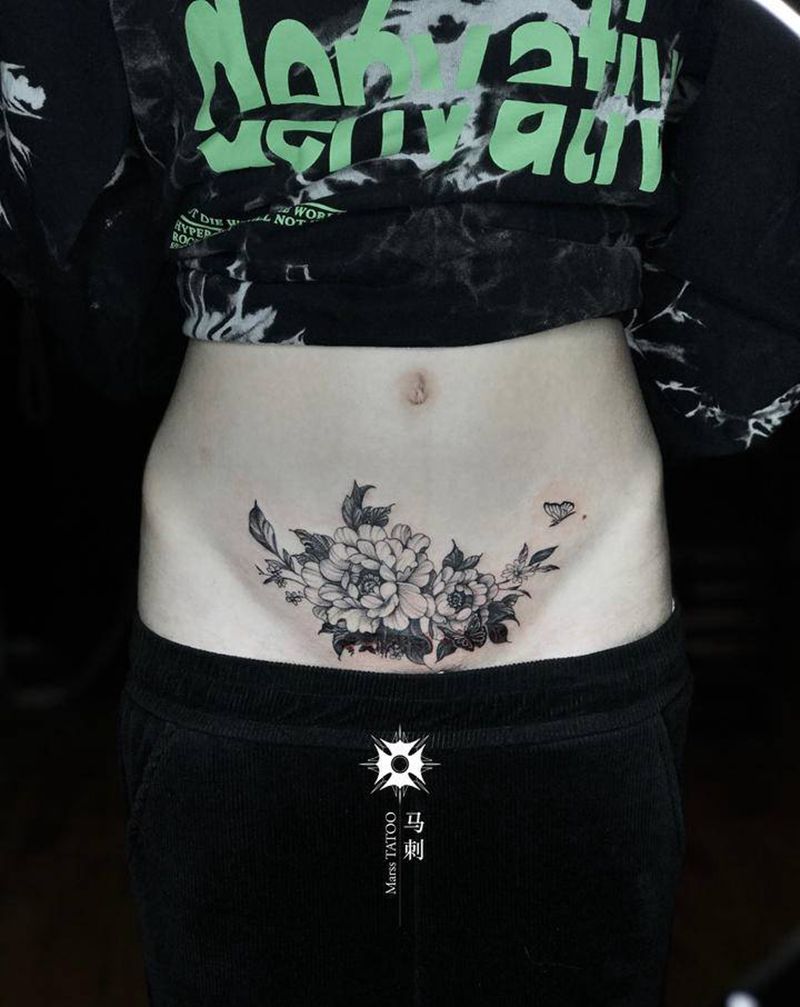 遮盖作品～素花纹身图片_腹部点刺纹身图案