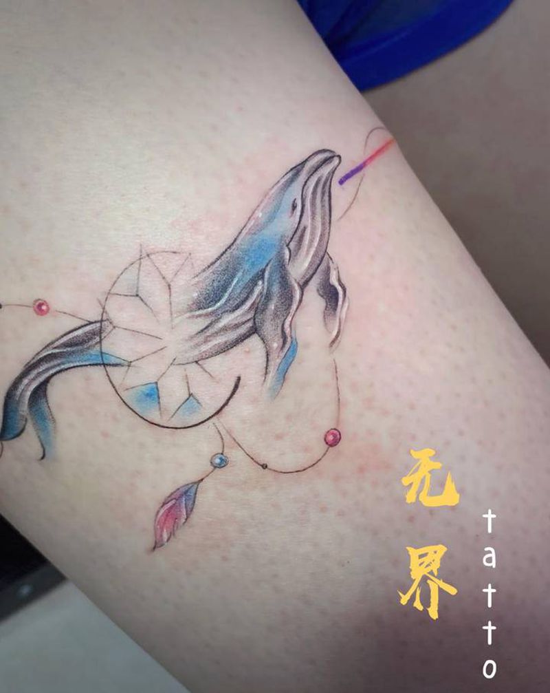 腿环纹身图片_腿部脚部水彩几何鲸鱼腿环彩虹纹身图案
