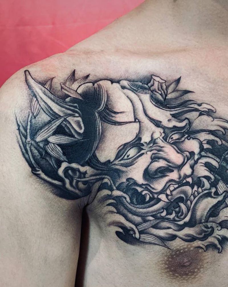 遮盖纹身图片_肩部胸部新传统般若遮盖纹身图案