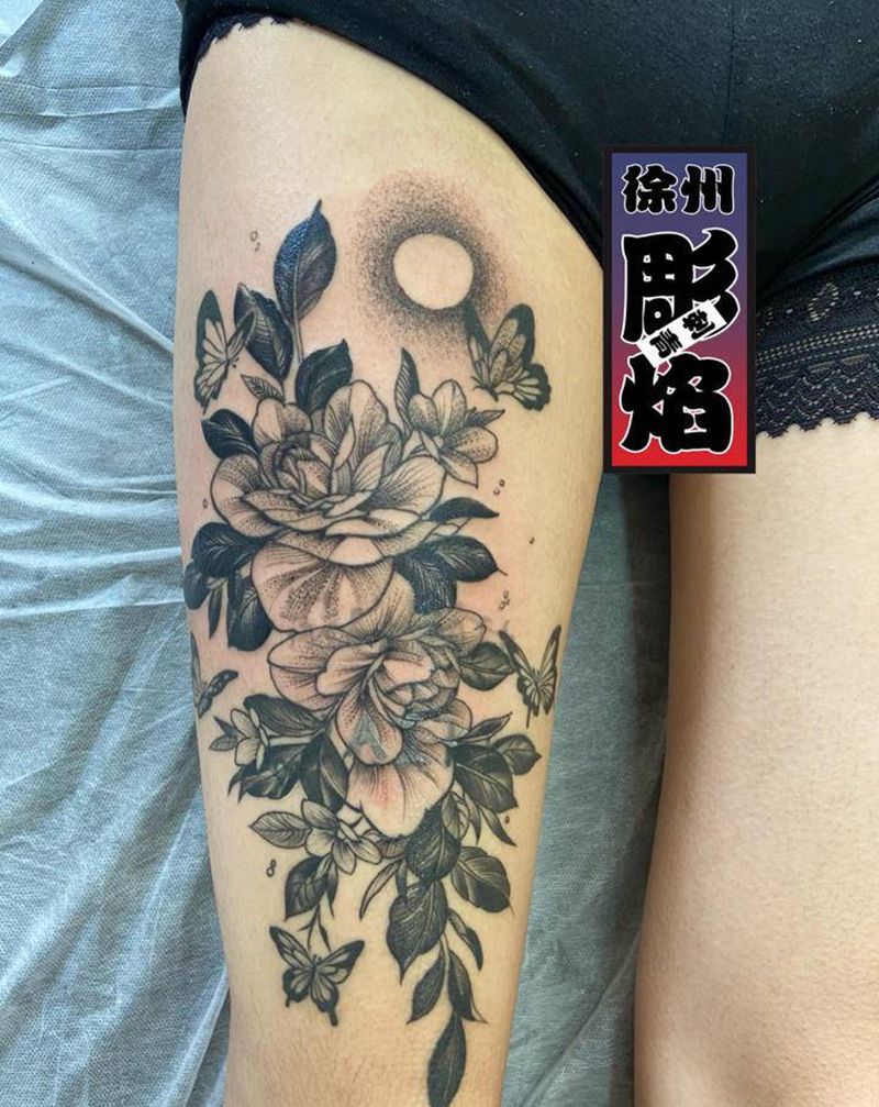 素花遮盖纹身图片_腿部点刺纹身图案