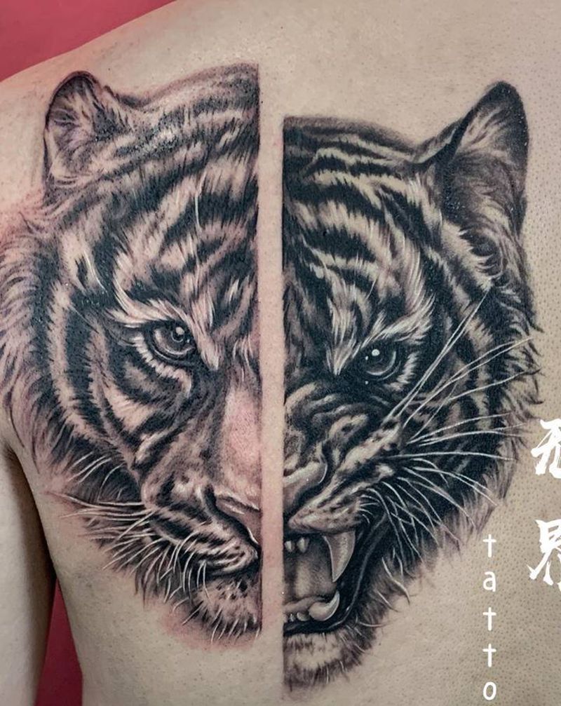 老虎纹身图片_背部肩部欧美写实老虎虎头纹身图案