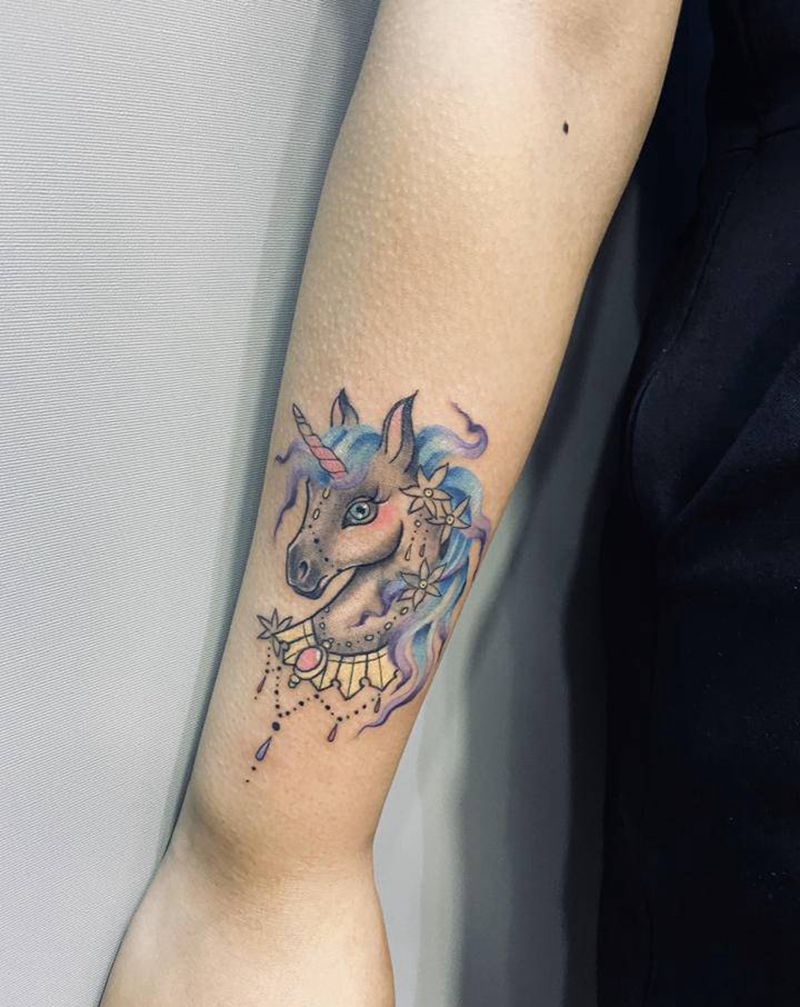 独角兽纹身图片_手臂New School水彩纹身图案
