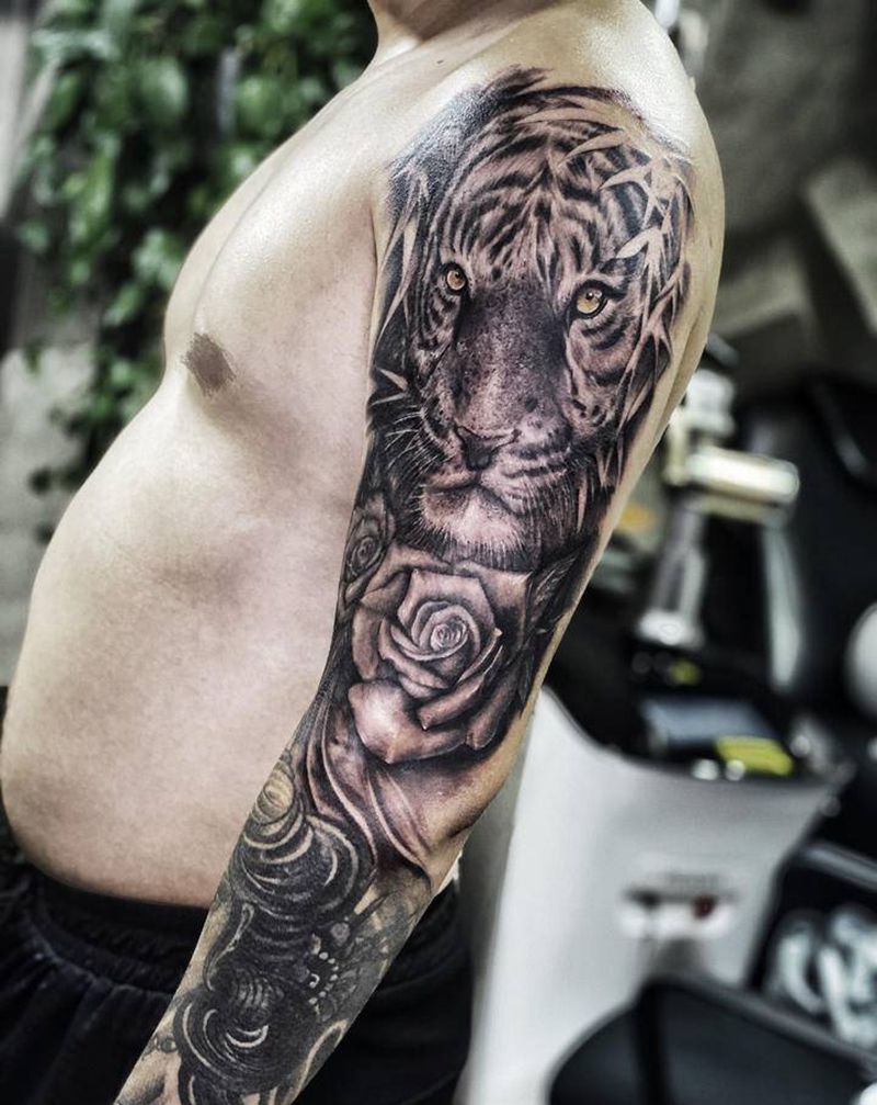 虎纹身图片_手臂欧美写实纹身图案