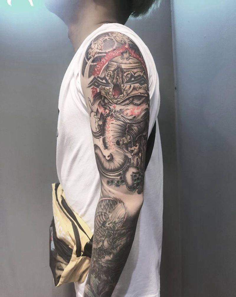 象神遮盖纹身图片_手臂新传统纹身图案