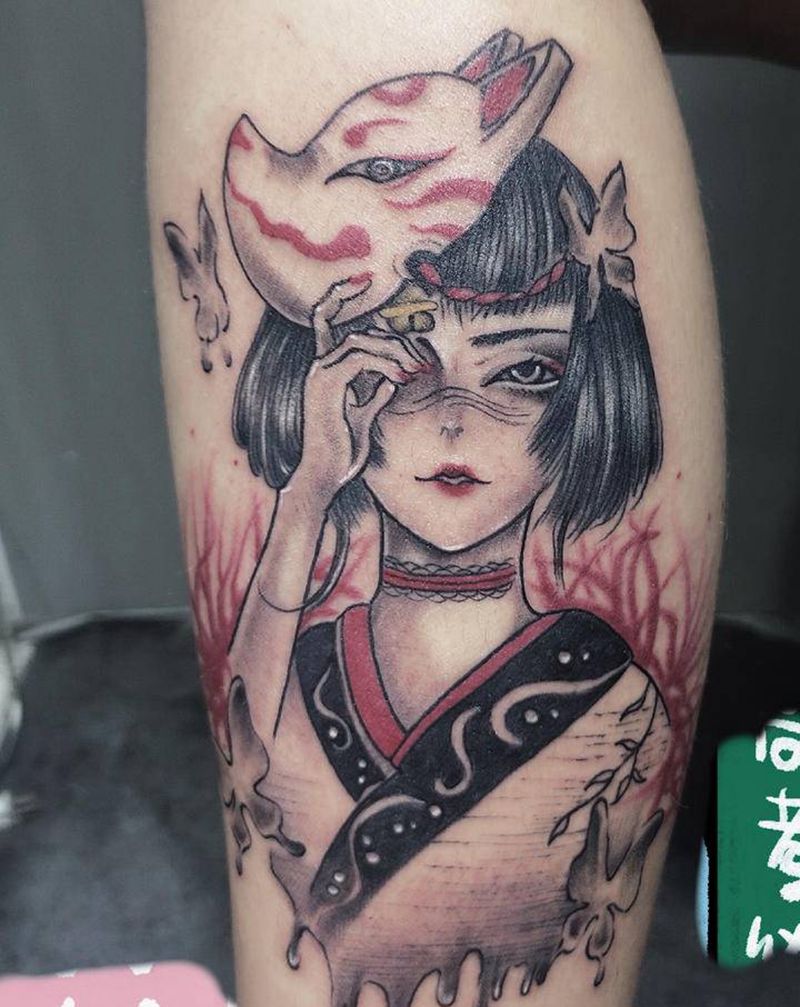 艺伎纹身图片_腿部手部新传统纹身图案