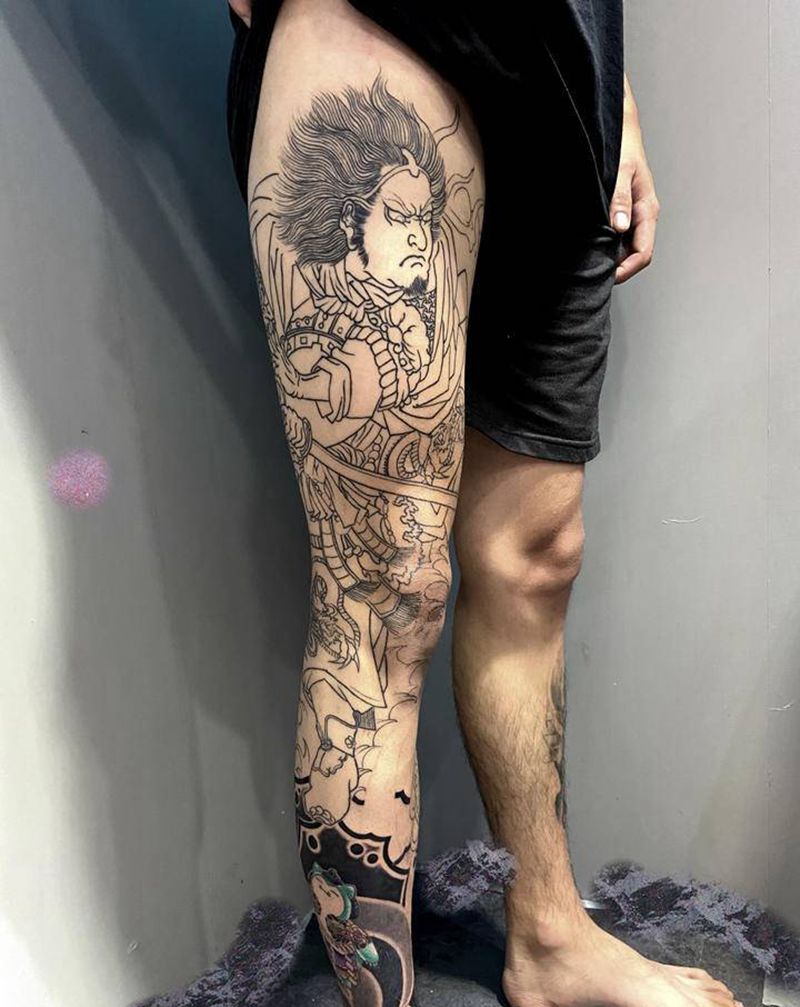 王英纹身图片_腿部老传统纹身图案