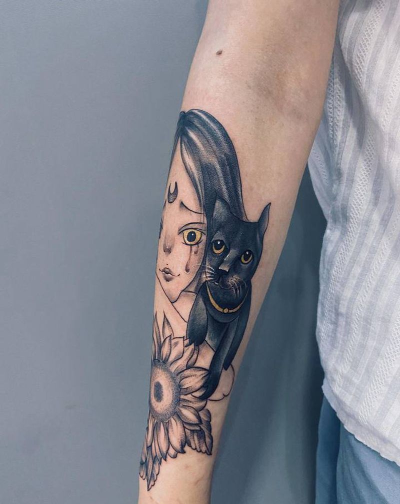 猫纹身图片_手臂新传统点刺纹身图案