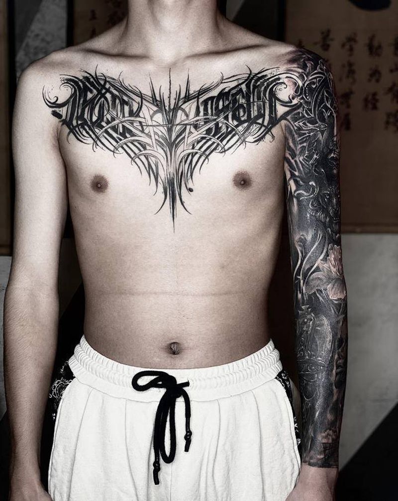 花臂暴力遮盖纹身图片_手臂胸部欧美写实纹身图案