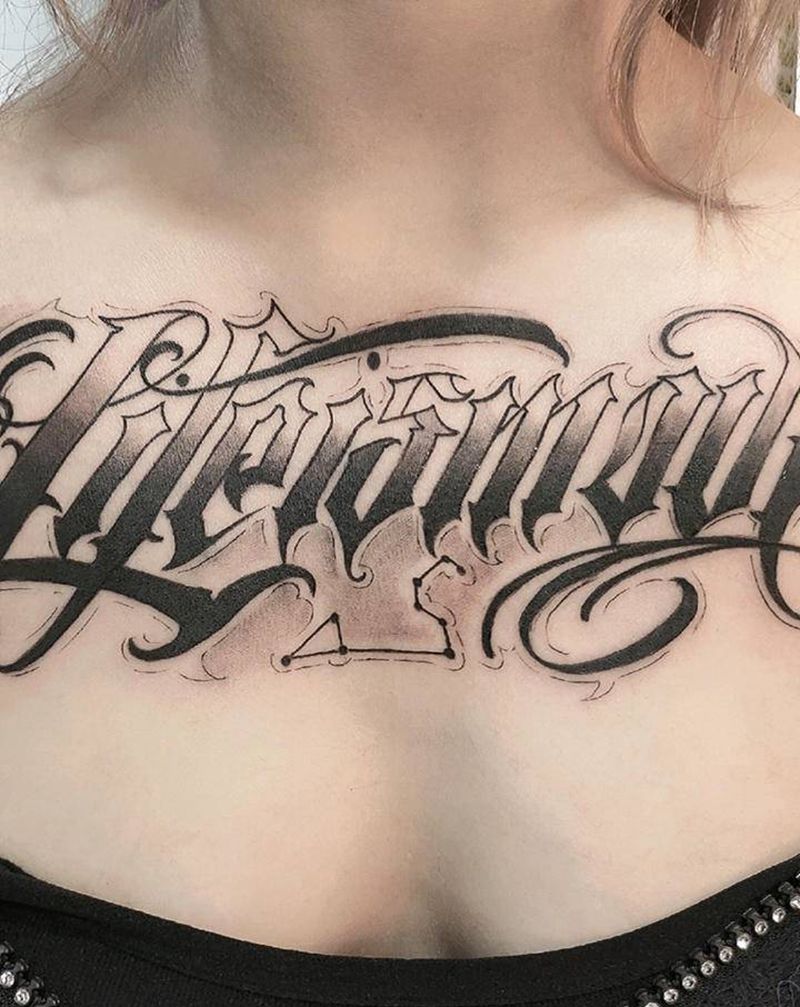 花体字花胸纹身图片_胸部花体字新传统纹身图案