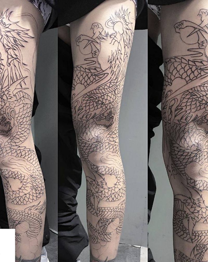 龙纹身图片_腿部老传统纹身图案